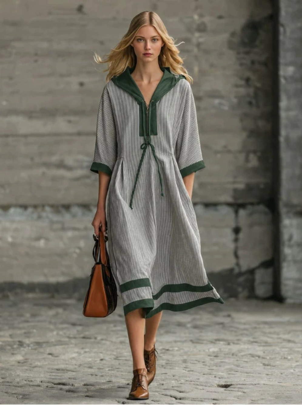 FOREVER 21Retro Casual Black and White Striped Green Hooded Midi Dress